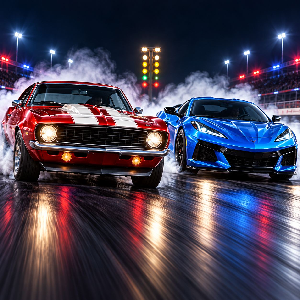 Full Throttle USA promotional artwork: red muscle car and blue sports car on a floodlit drag strip